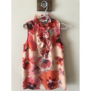 LOFT Sleeveless Blouse with Red and Pink Floral Design